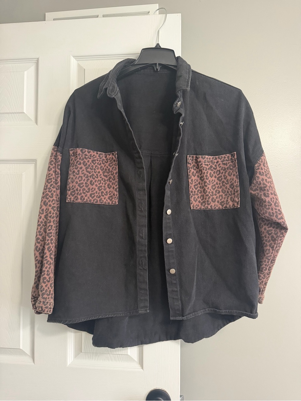 Beginning Boutique Black Jacket with Rose Brown Leopard Panels